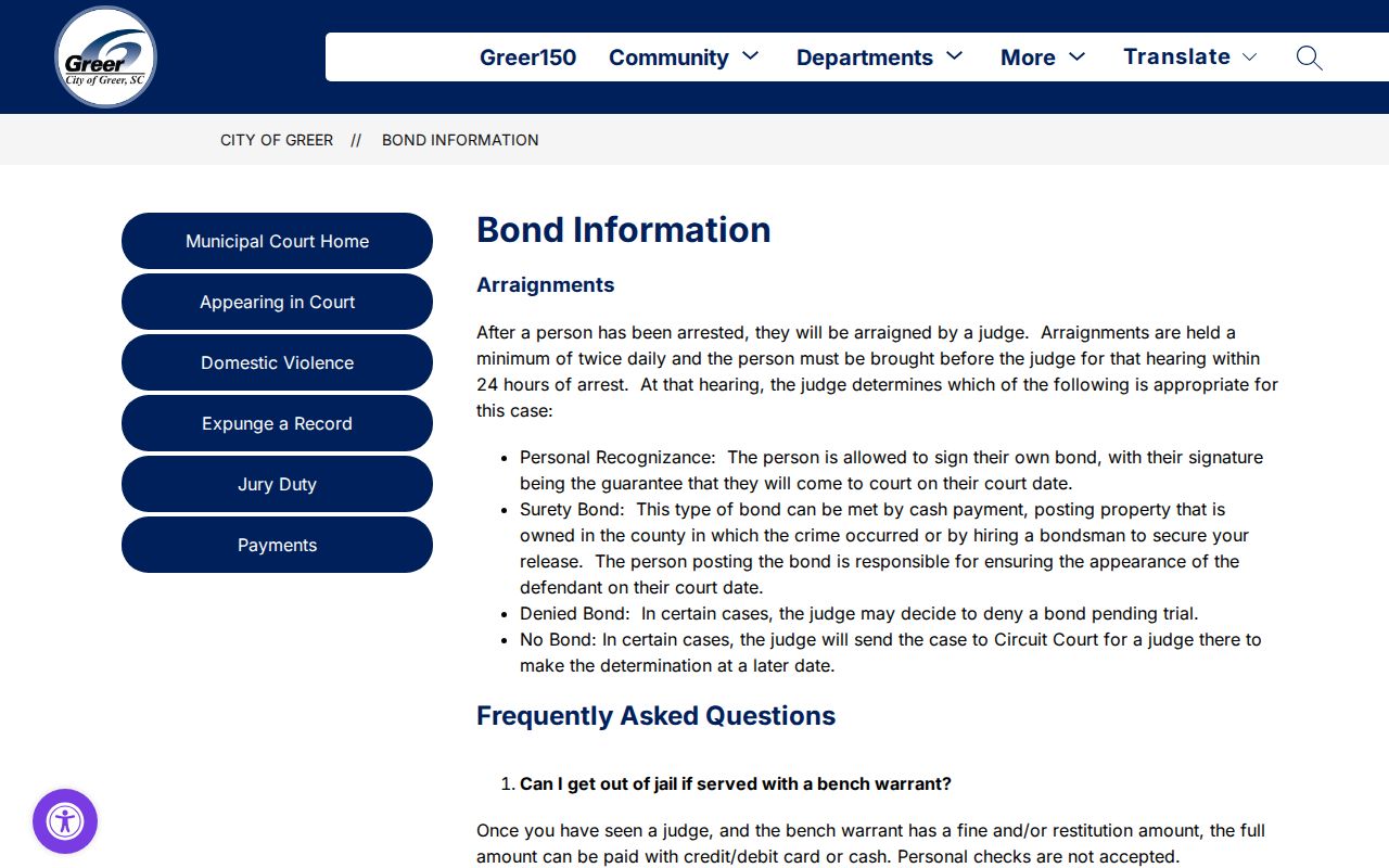 Spartanburg County Greer warrant records, official municipal arraignment and bond route