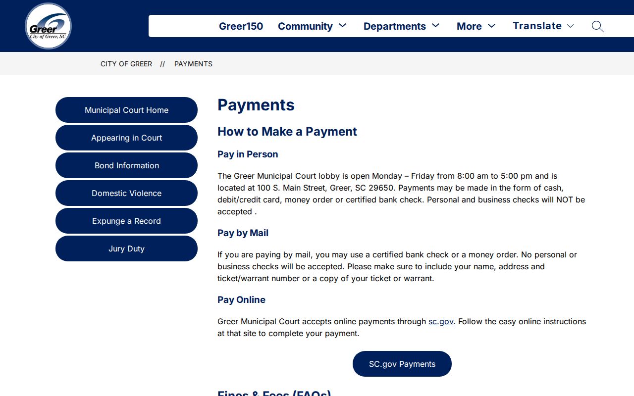 Spartanburg County traffic warrant guidance, Greer Municipal Court payment instructions