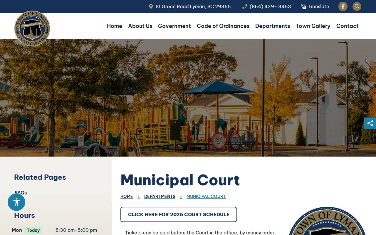 Spartanburg County Lyman warrant records, official Municipal Court contact page