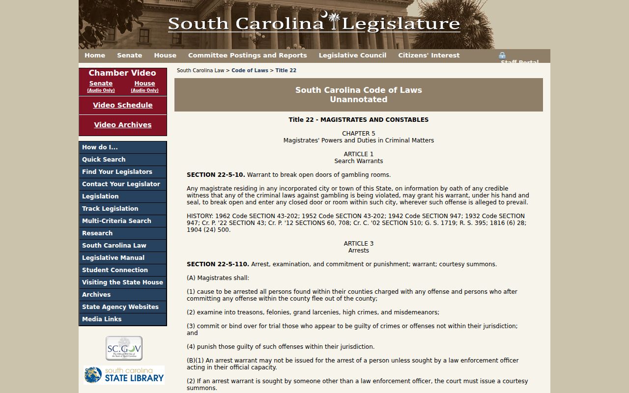 Spartanburg County arrest warrant records, South Carolina arrest-warrant statute