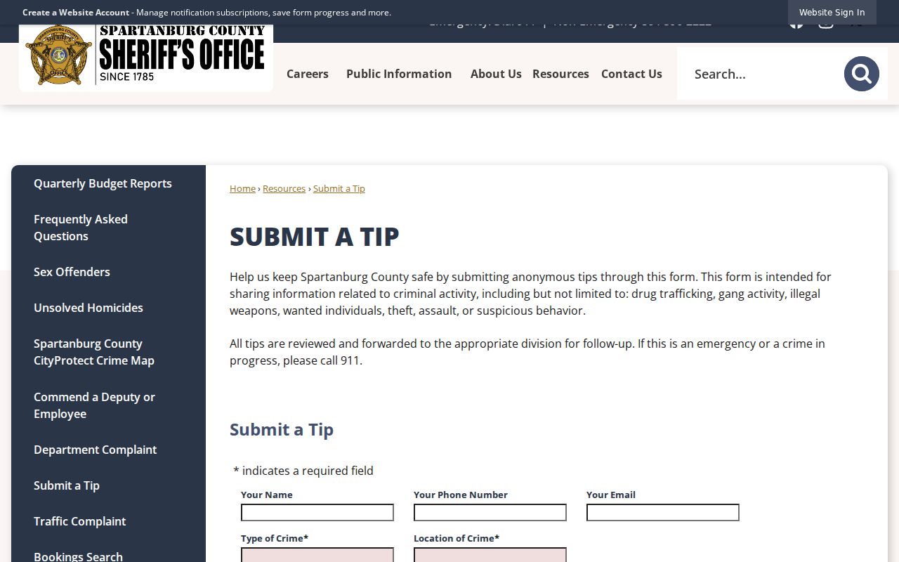 Spartanburg County most wanted tip information, blank official Sheriff tip form