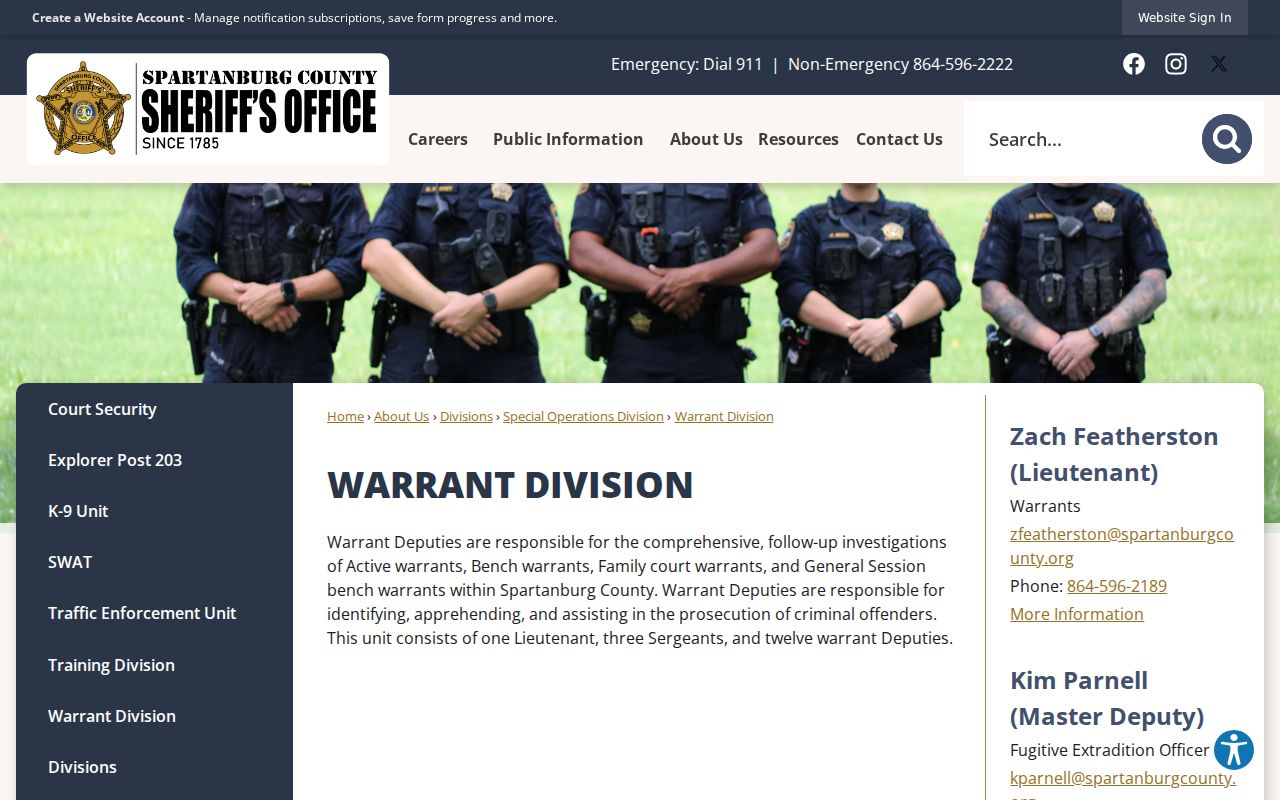 Spartanburg County warrant records, official Sheriff's Warrant Division page